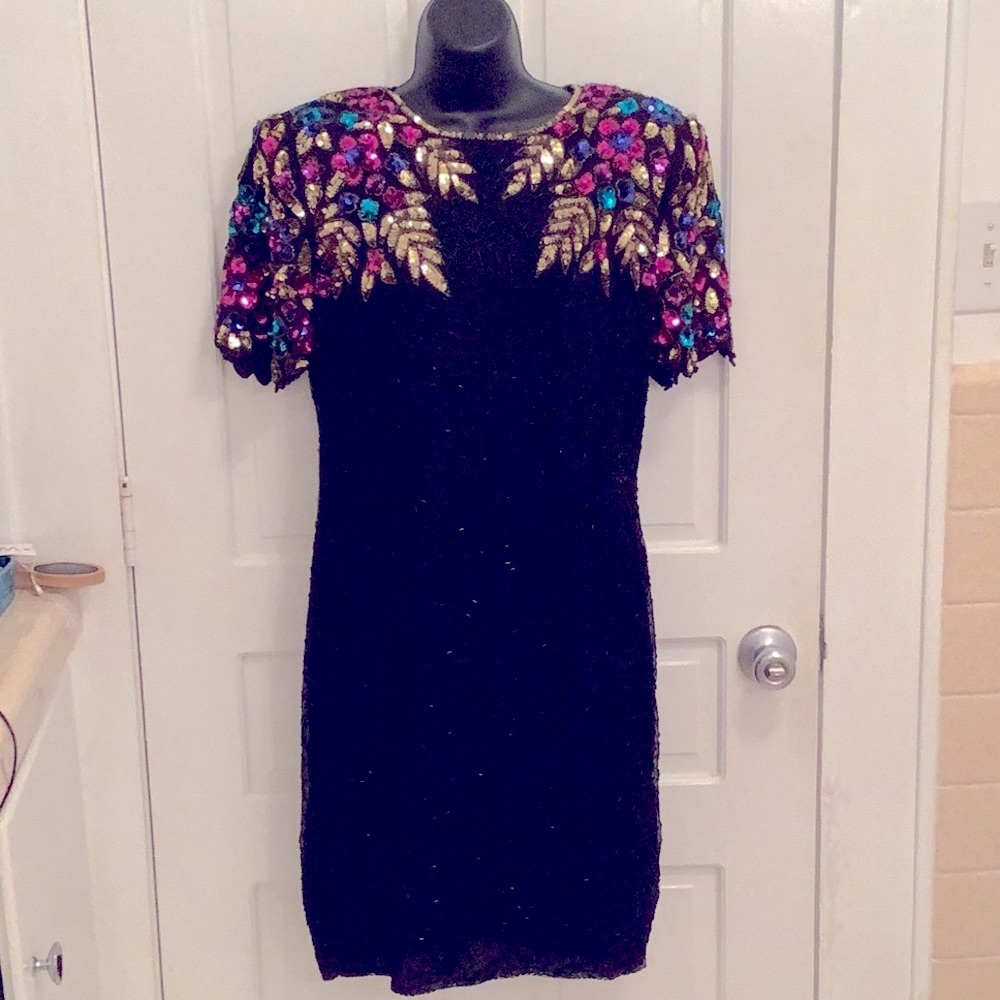 Vintage Stenay Black Multicolor Silk Beaded Sequin Evening Party Dress Size 12